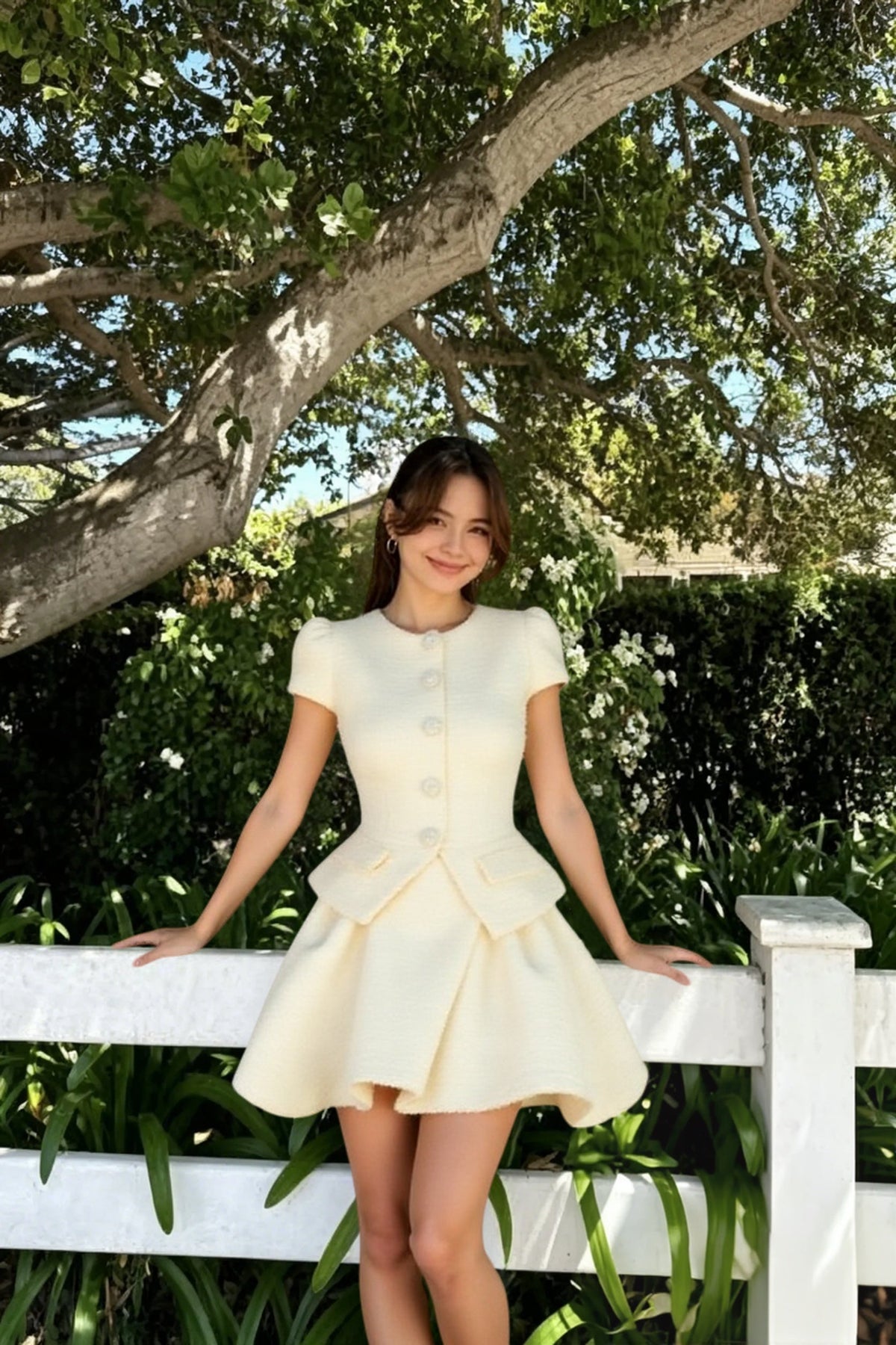 Tweed Short Sleeve Button Front Peplum Top and Flared Mini Skirt Two Piece Set