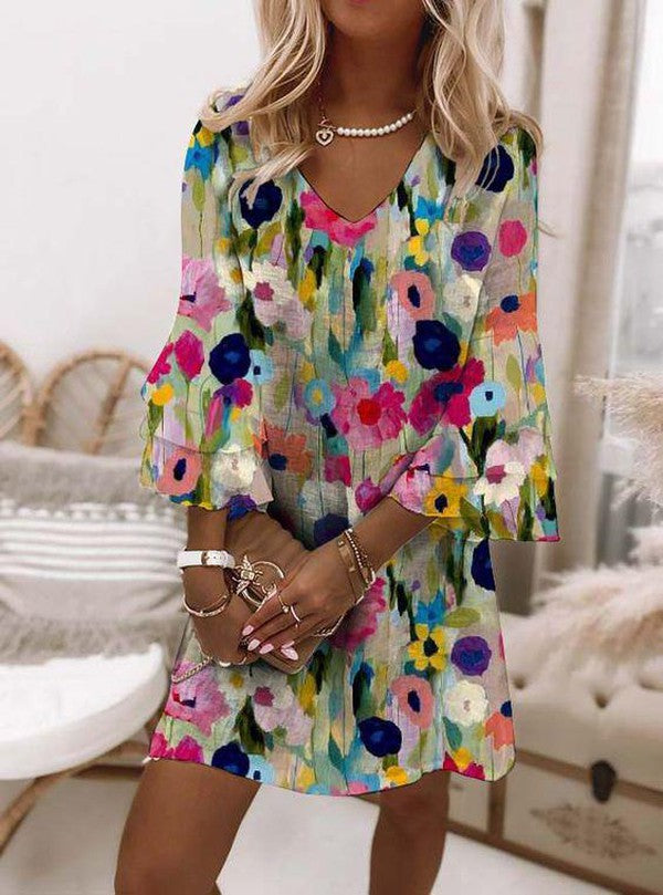 Tabitha - V-Neck Mini Dress with Romantic Floral Print