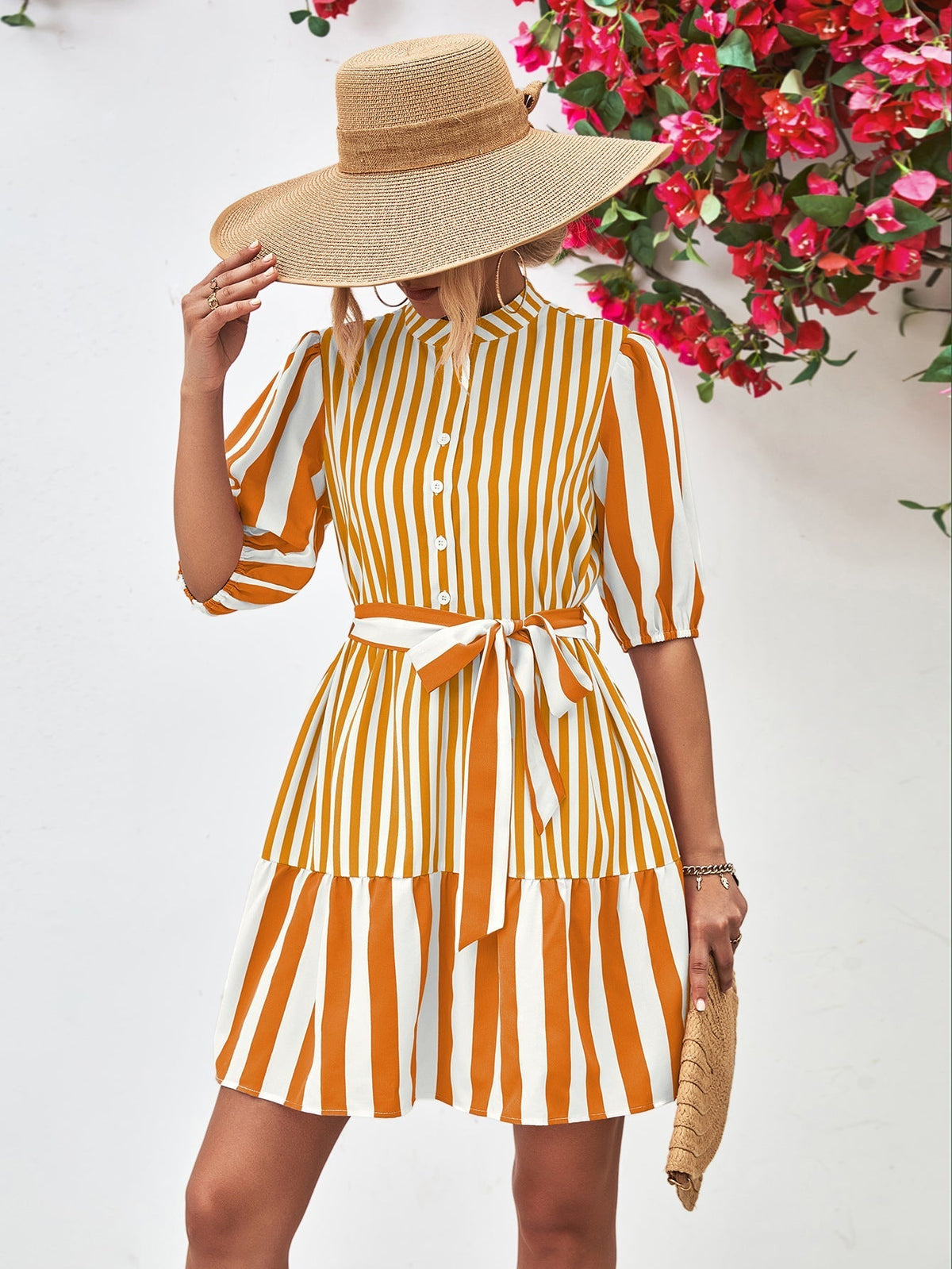 Striped Puff Sleeve Button Front Belted Ruffle Hem Mini Dress 8