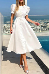 Chic and Classy Vibe Puff Sleeve Pearl Button Slit Midi Dress - View 12