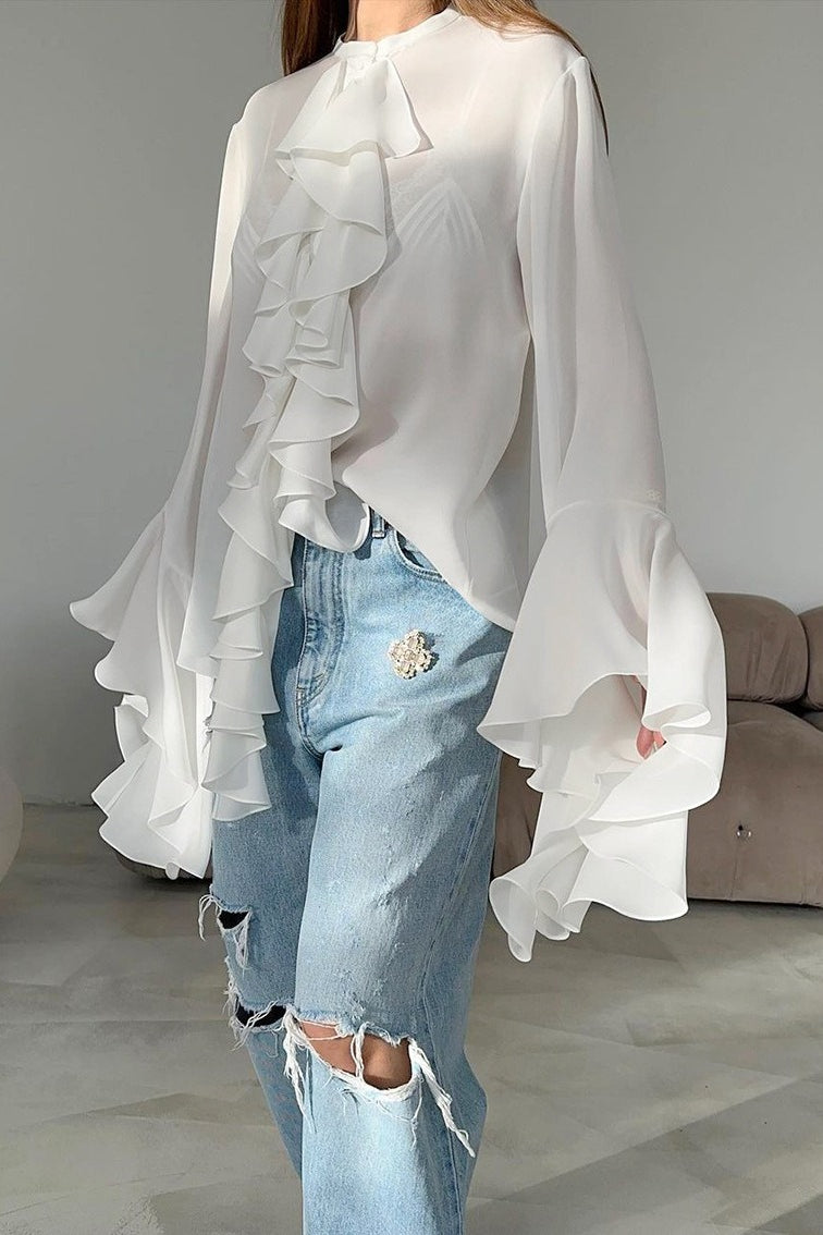 Cascading Ruffle Front High Neck Flared Bell Sleeve Blouse 2