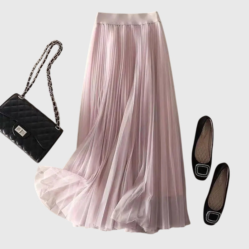 High Waist Pleated Tulle Midi Skirt