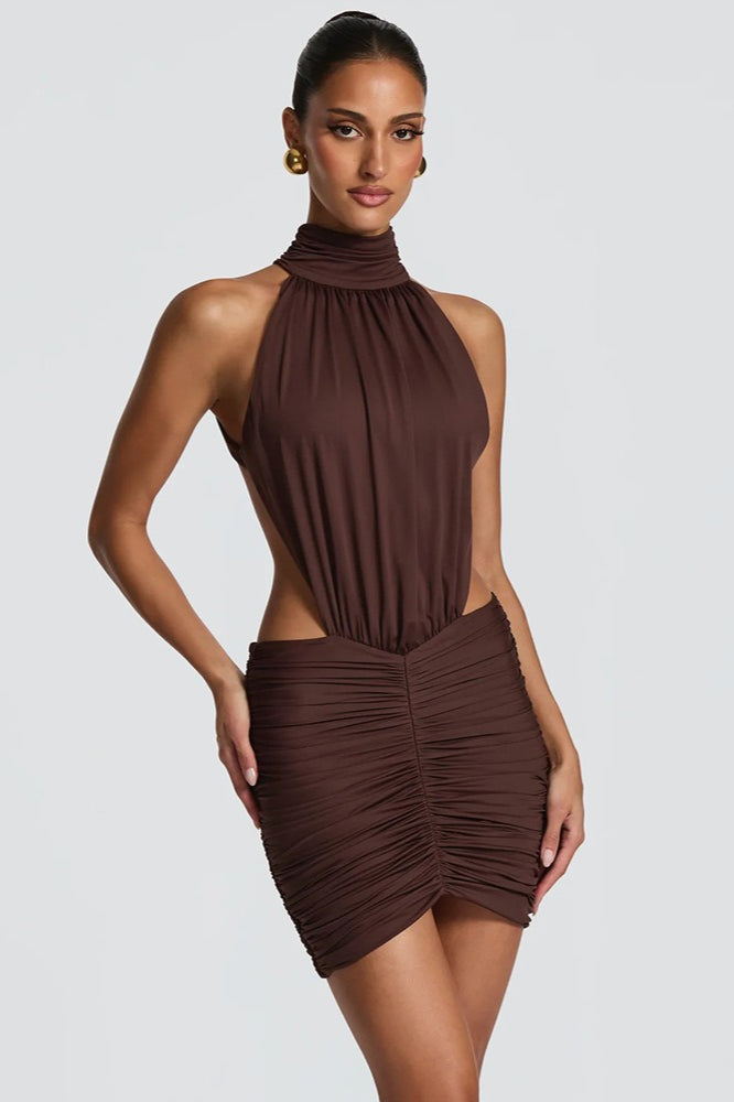 Halter Ruched Cutout Fitted Mini Dress