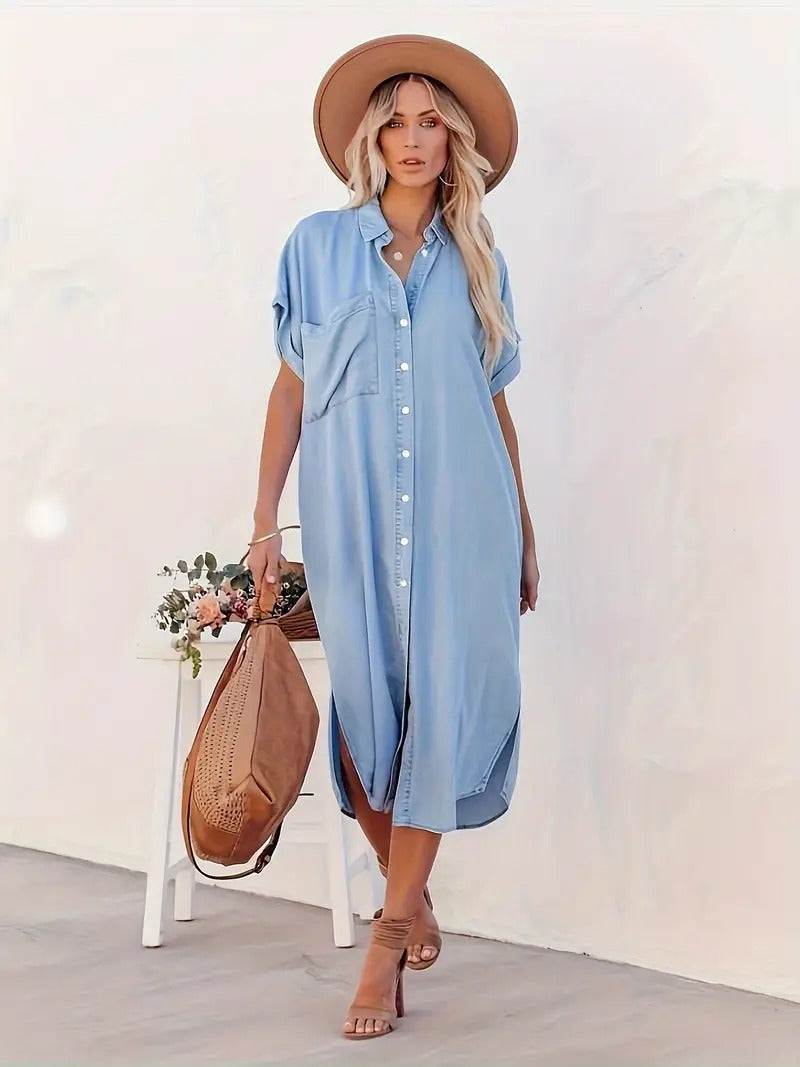 Denim Look Button Front Short Sleeve Midi Shirt Dress