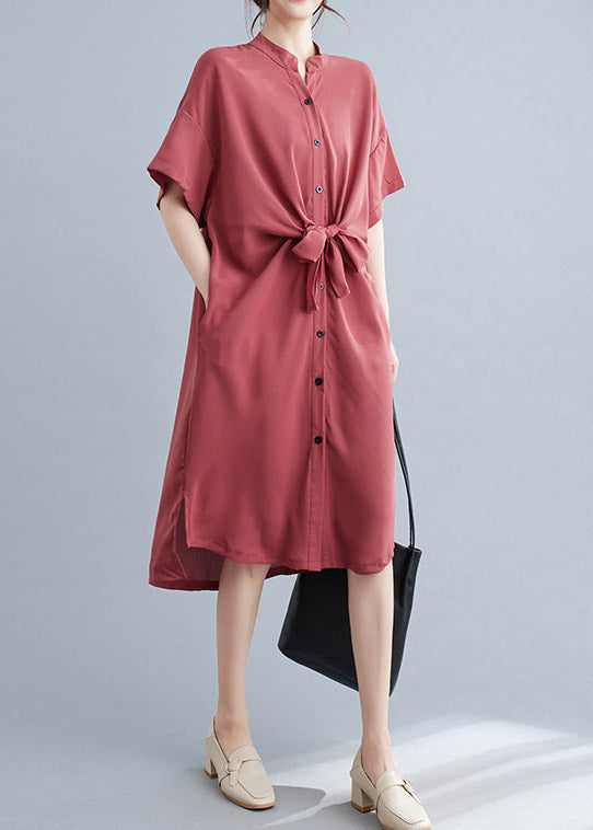 Button Down Mandarin Collar Tie Belt Short Sleeve Midi Shirt Dress