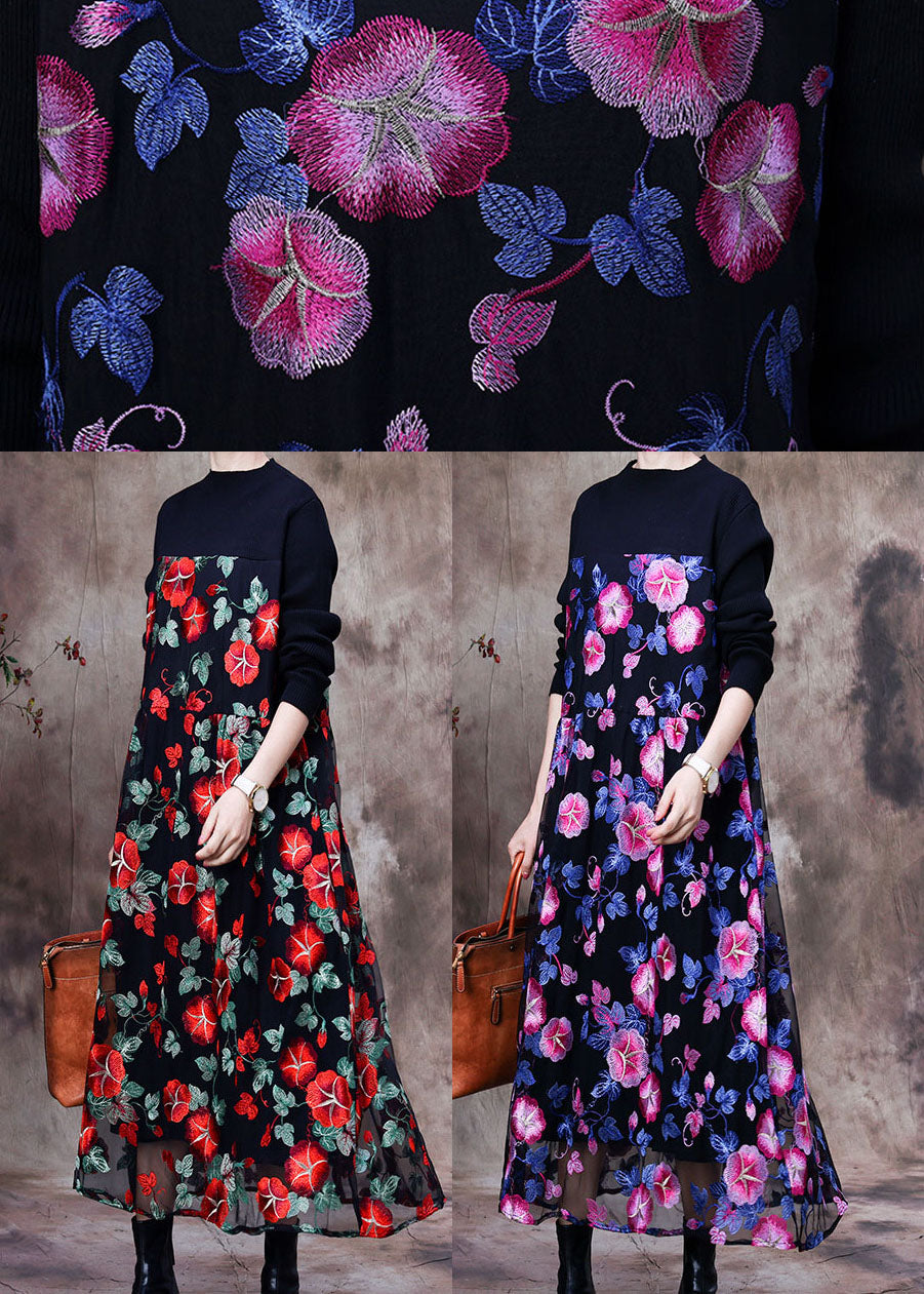 Floral Embroidered Mesh Overlay Long Sleeve Knit Maxi Dress
