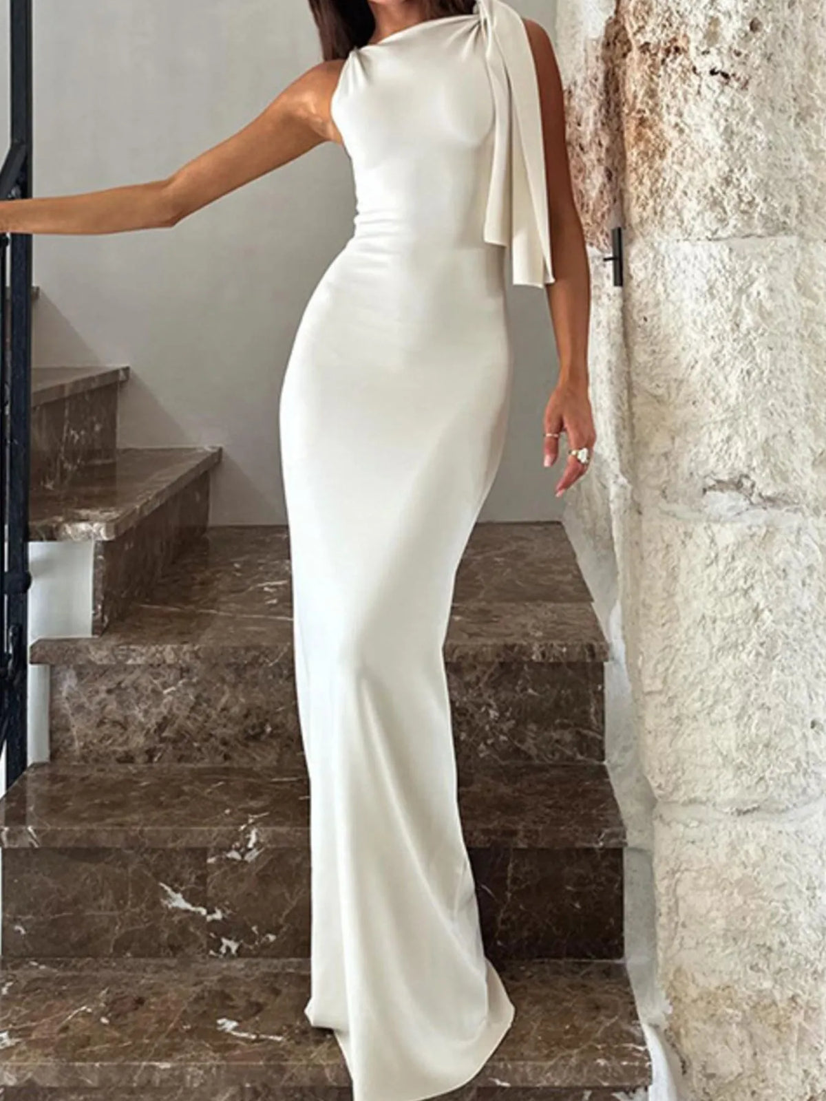 One Shoulder Knot Tie Drape Sleeveless Bodycon Maxi Dress 4