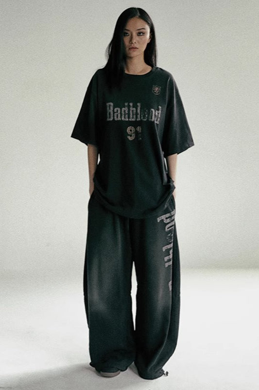 Washed Letter Graphic Elastic Waist Baggy Wide Leg Sweatpants 3