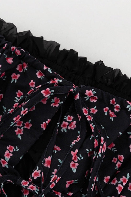 Off Shoulder Puff Sleeve Floral Print Fit and Flare Mini Dress