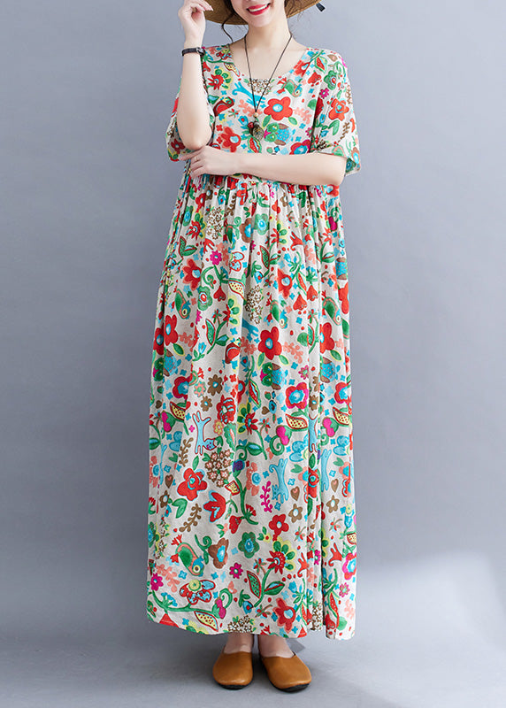 Floral Graphic Print Round Neck Short Sleeve Empire Waist Babydoll Maxi Dress