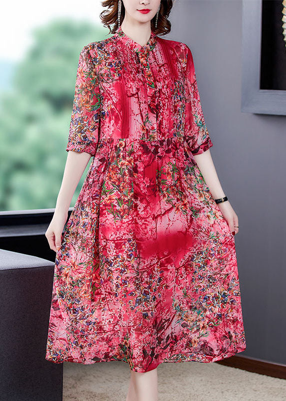 Floral Print Mandarin Collar Pintuck Pleated Three Quarter Sleeve A-Line Midi Dress