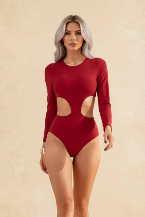 Crew Neck Long Sleeve Side Cut Out One Piece Swimsuit