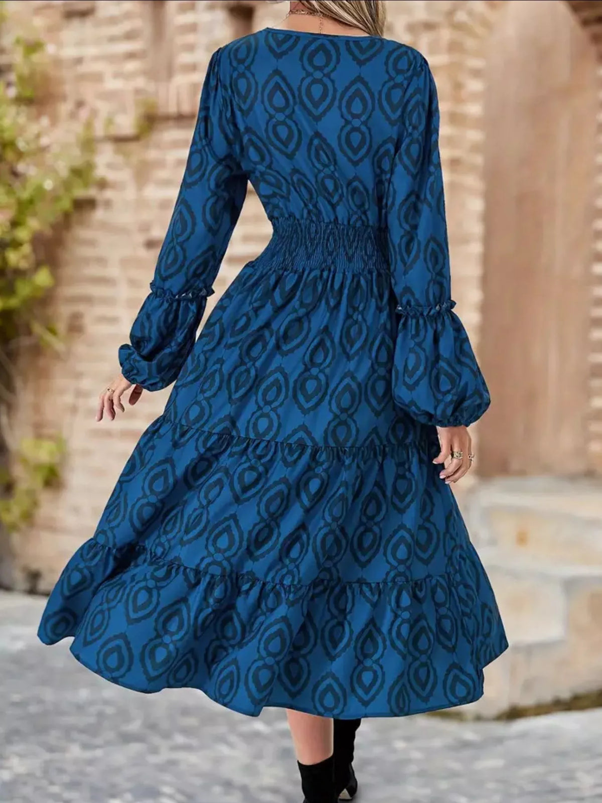 Geometric Print Smocked Waist Balloon Sleeve Tiered Midi Dress 6