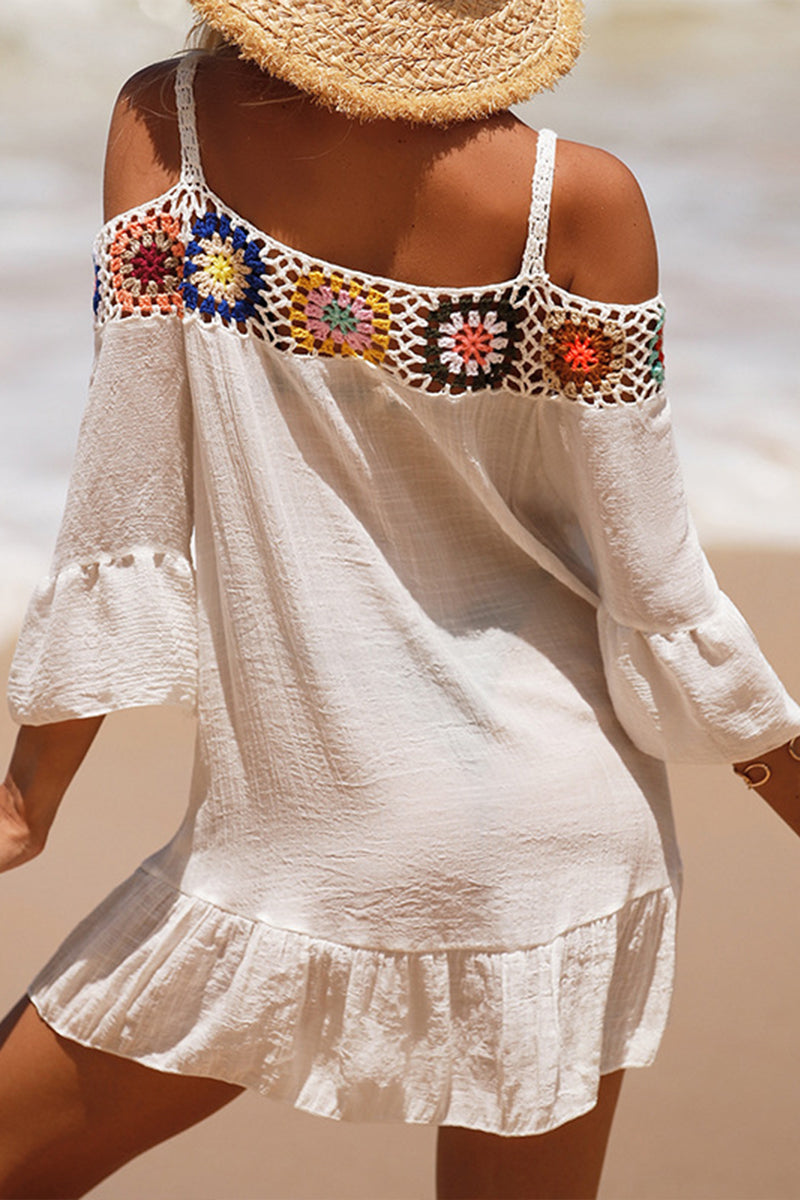 Crocheted Off Shoulder Short Solid Color Sunscreen Beach Skirt