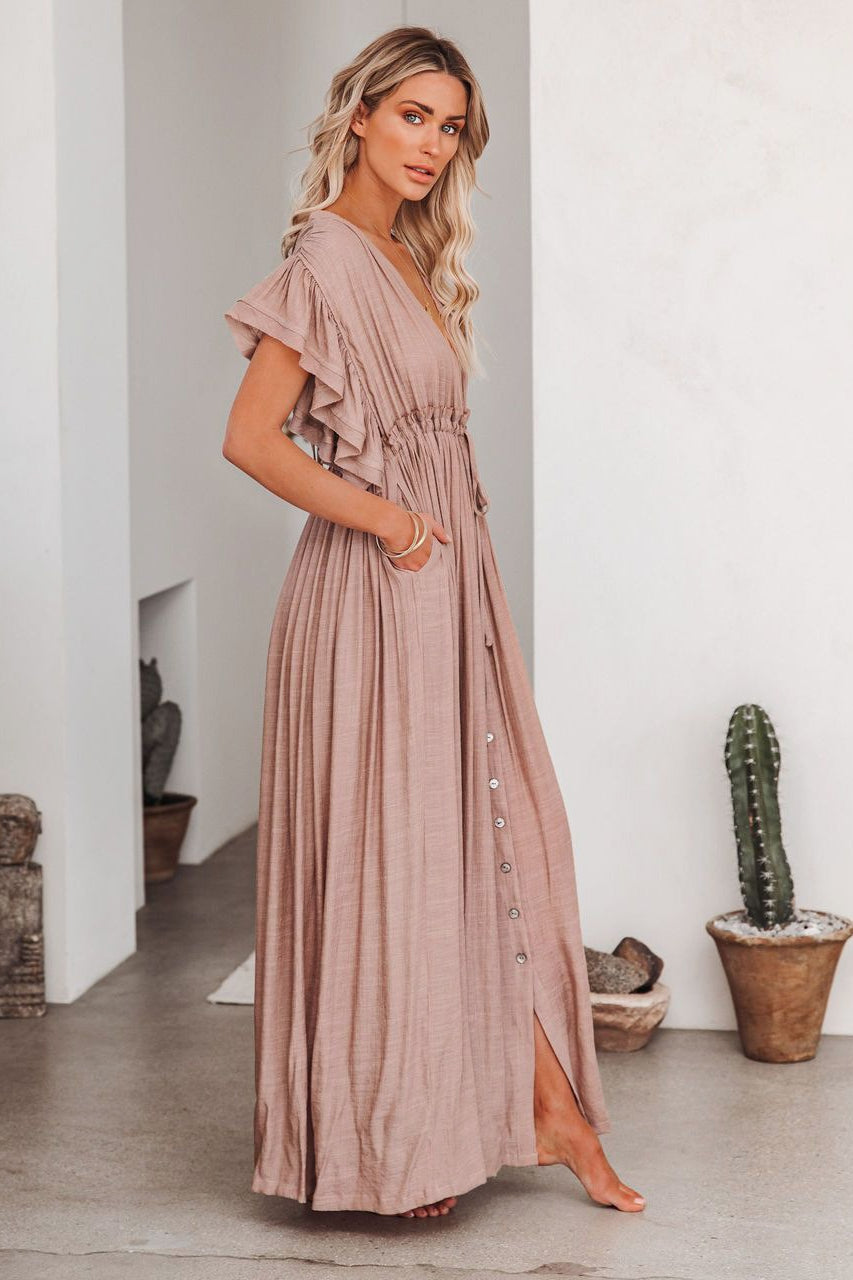 Button Front Drawstring Waist Maxi Boho Dress