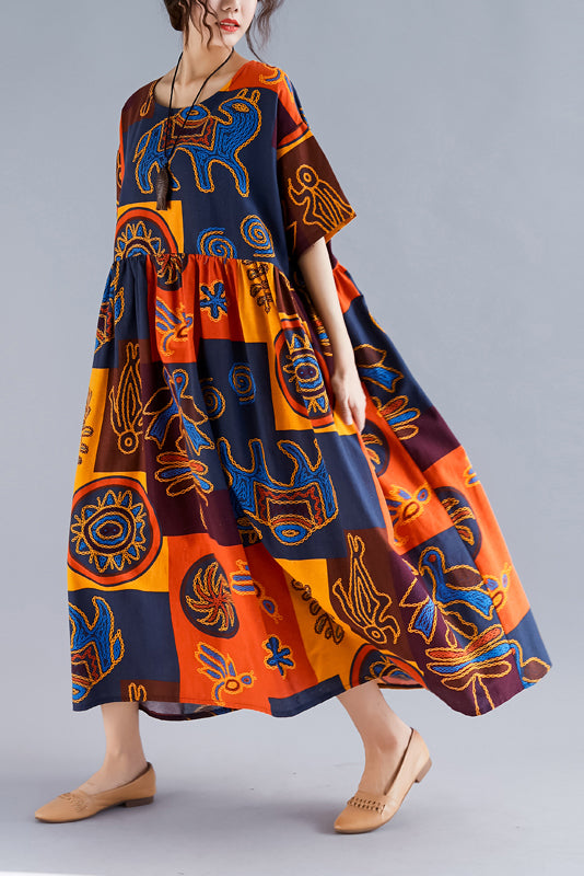 Folk Art Print Empire Waist Short Sleeve A-Line Midi Dress