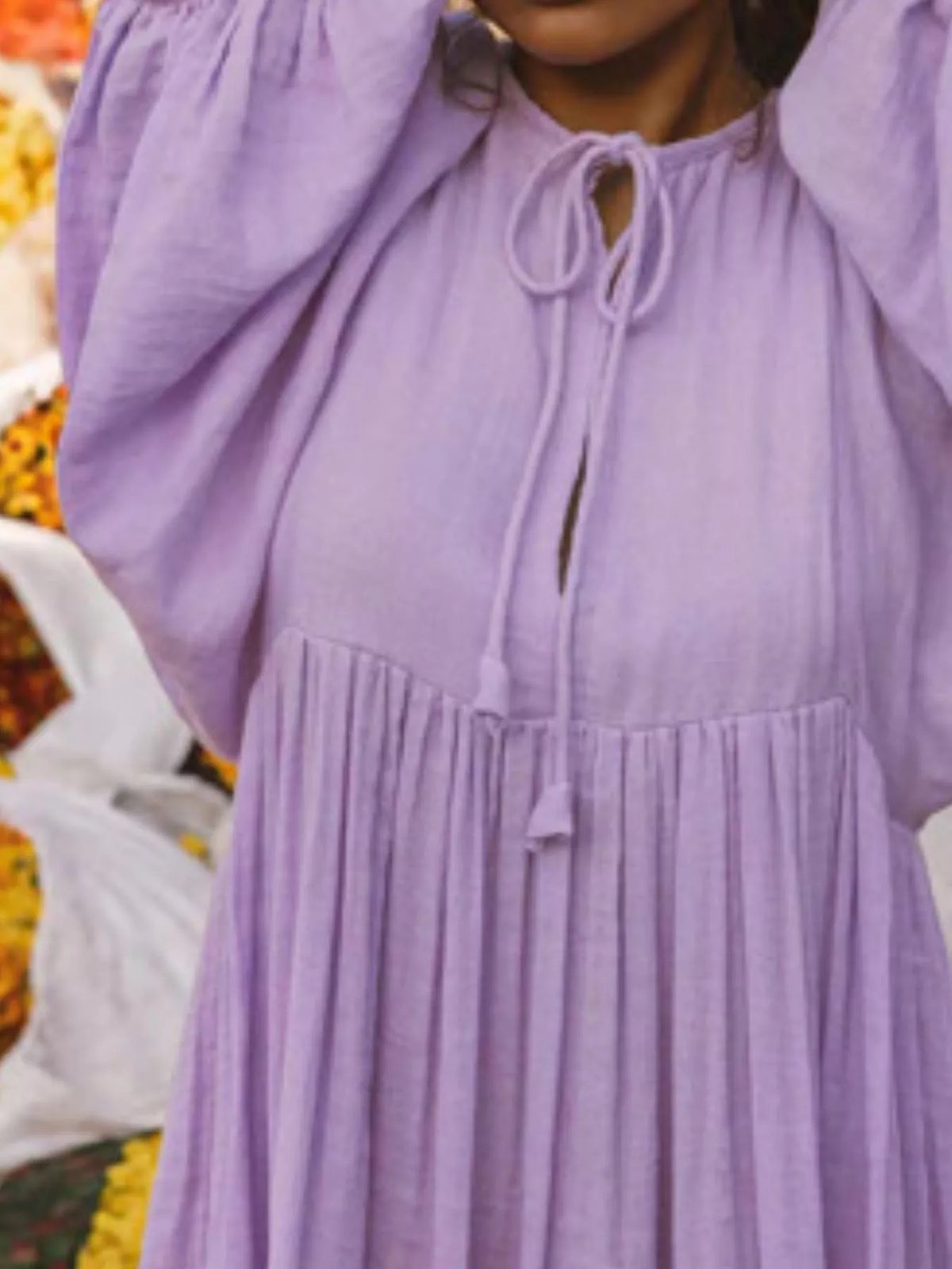 Split V-Neck Tie Neck Puff Sleeve Smock Midi Dress 23