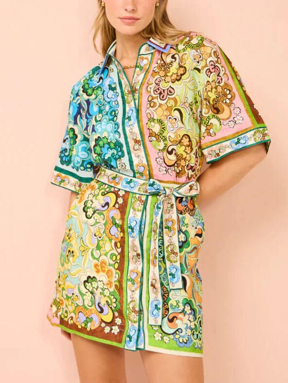 Retro Floral Print Collared Short Sleeve Belted Mini Shirt Dress