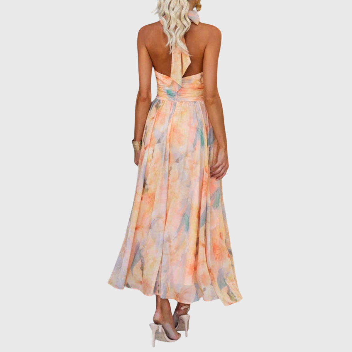 Watercolor Floral Halter Neck Sleeveless Maxi Dress