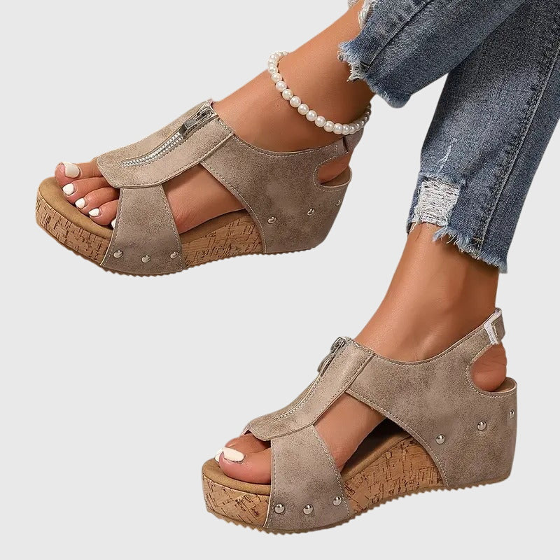 Closed Toe Zip Front Ankle Strap Wedge Sandals