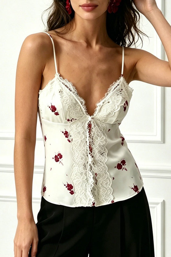 Floral Lace Trim Button Cami Top