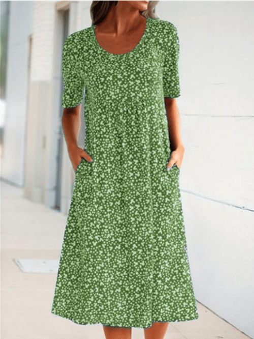 Ditsy Floral Round Neck Short Sleeve Pocket Midi Dress 7