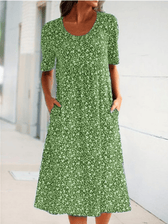 Ditsy Floral Round Neck Short Sleeve Pocket Midi Dress 7