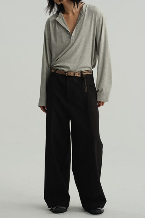 Henley Neck Button Placket Long Sleeve Loose Fit Tee 3