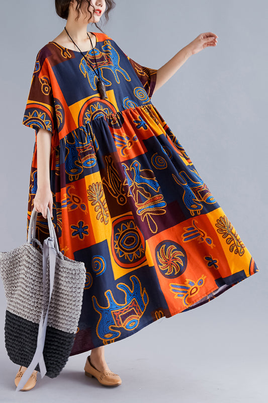 Folk Art Print Empire Waist Short Sleeve A-Line Midi Dress