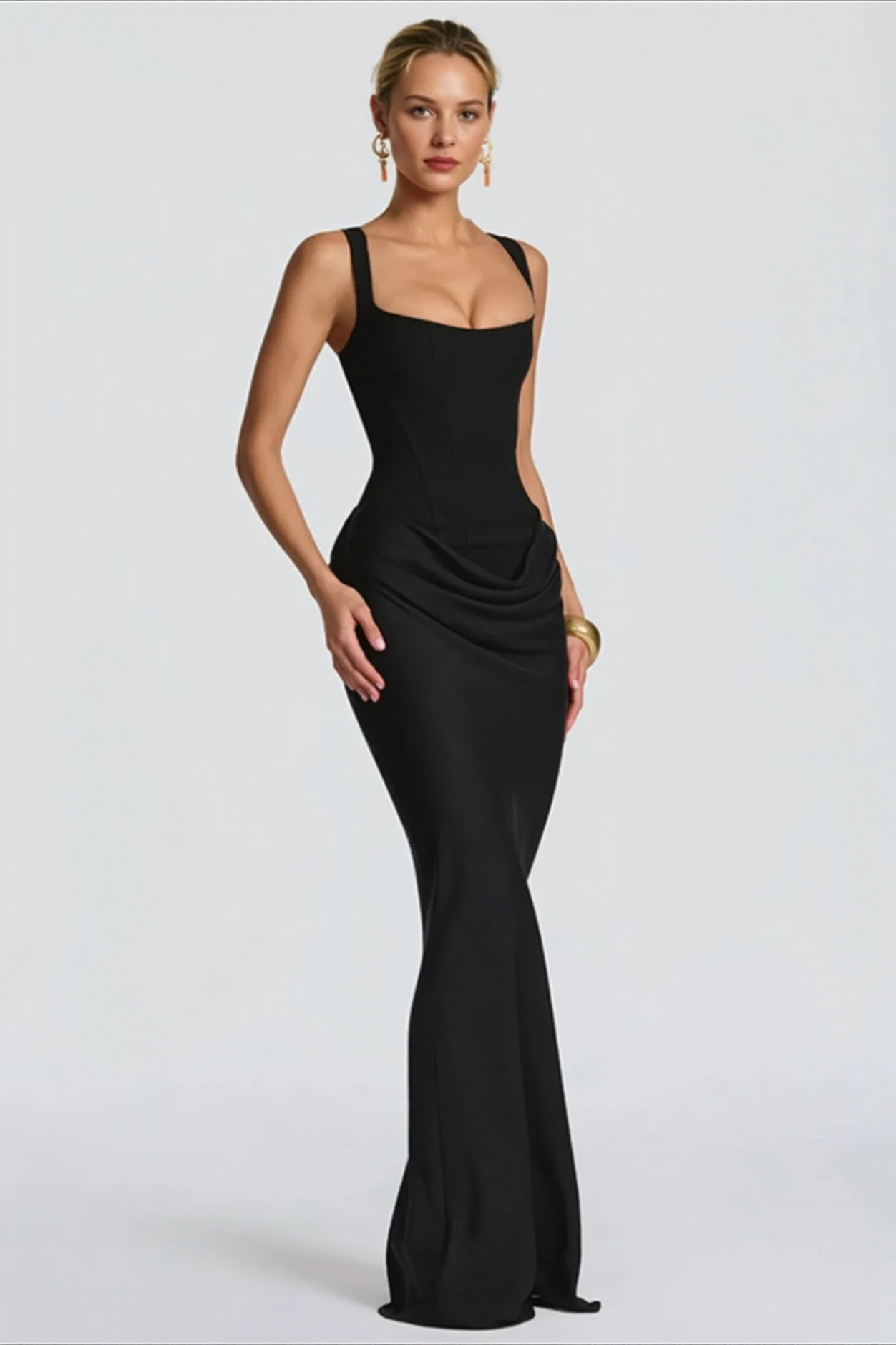 Solid Square Neck Ruched Panel Bodycon Party Dress