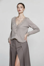 Lace Trim V Neck Cashmere Cardigan