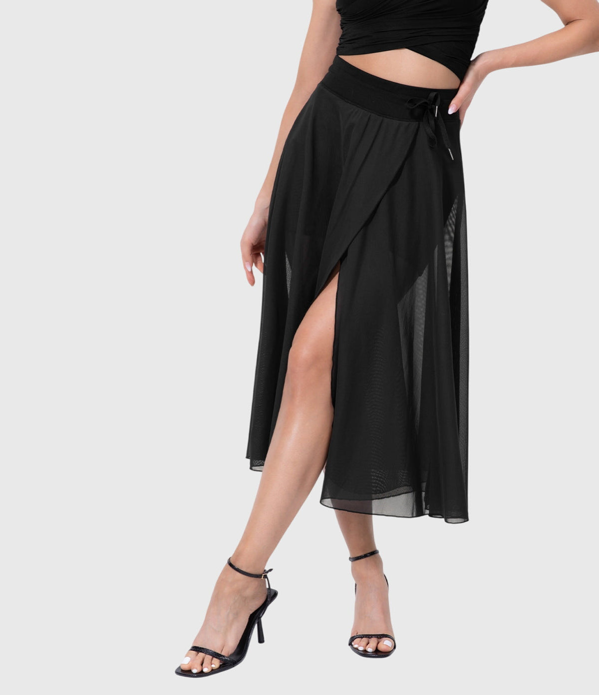 High Waist Drawstring Front Slit A-Line Midi Skirt