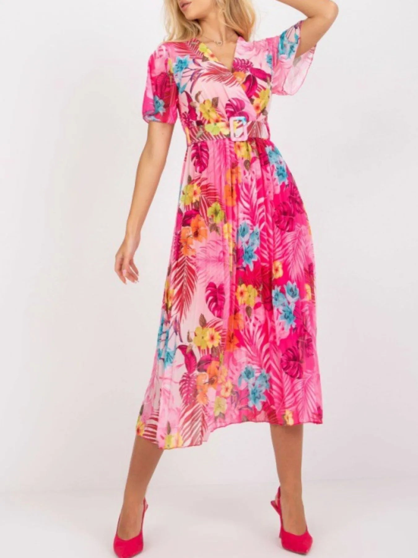 Printed Pleated Midi Wrap Dress with Belt Red