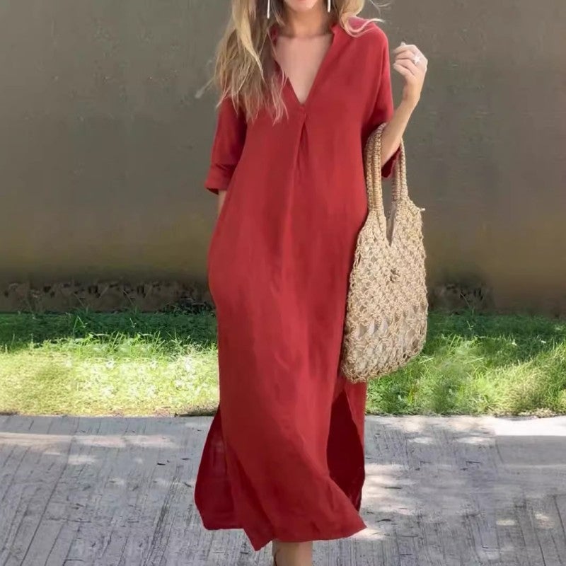 Collared V-Neck Short Sleeve Side Split Maxi Dress