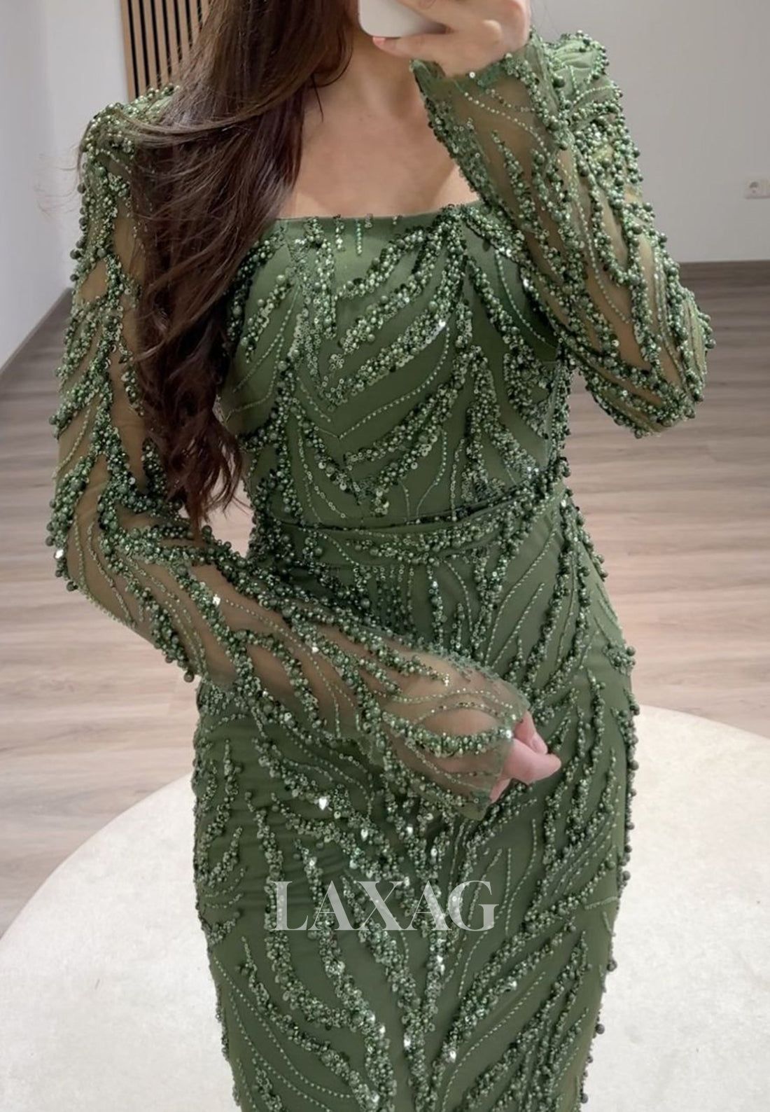 Square-Neck Long Sleeves Pleated Mermaid Prom Dress Beaded Sequined Floor-Length Evening Gowns