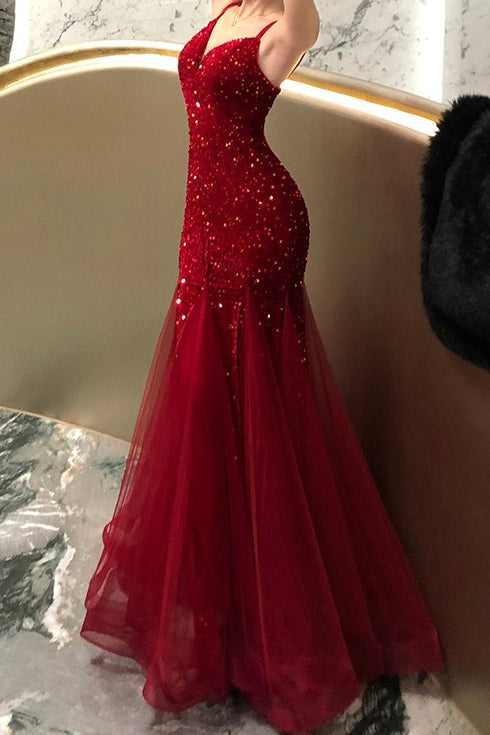 Sequin Sweetheart Spaghetti Strap Tulle Mermaid Maxi Gown