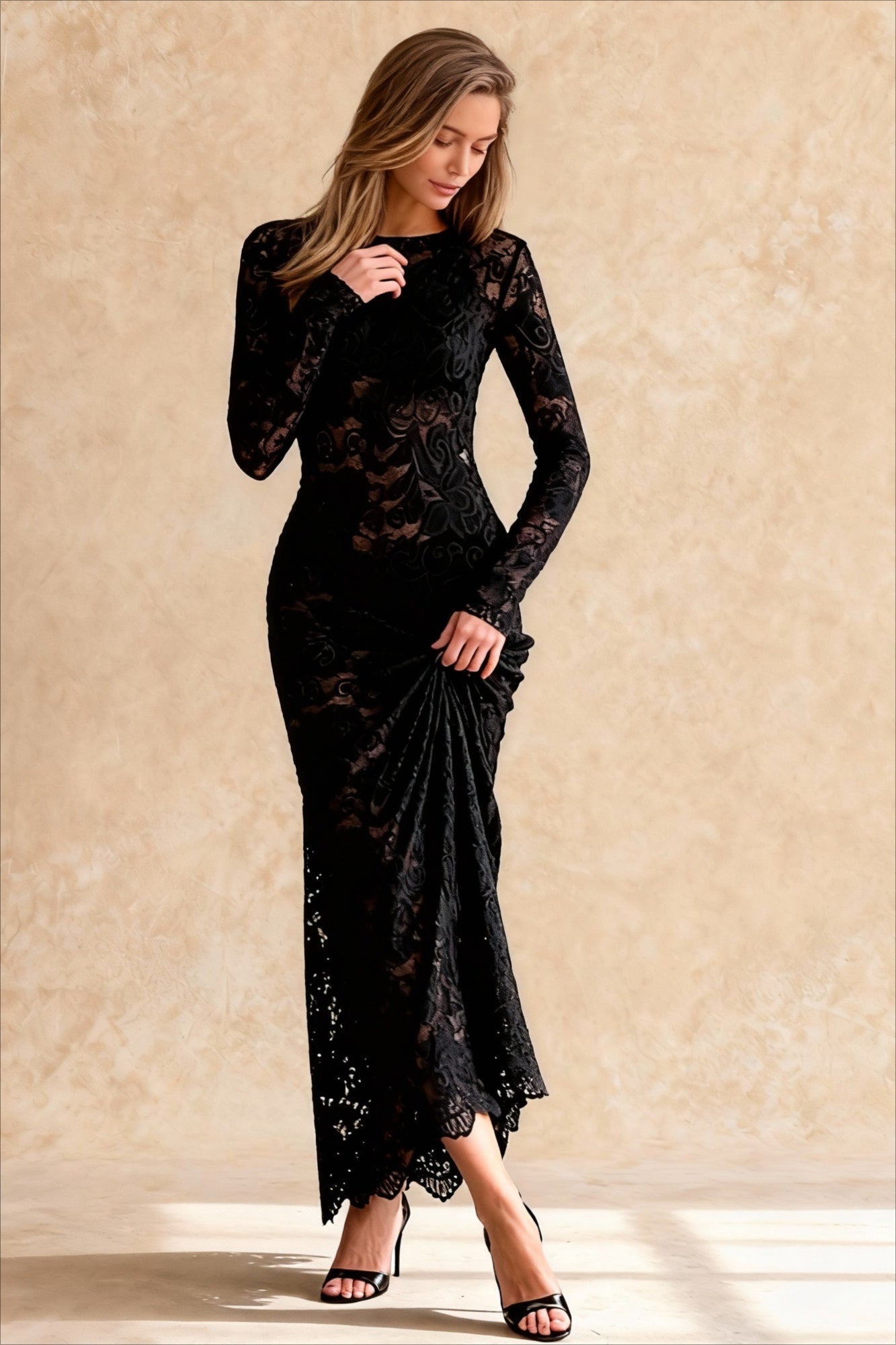 Jacquard Sheer Lace Long Sleeve Mermaid Maxi Dress 2