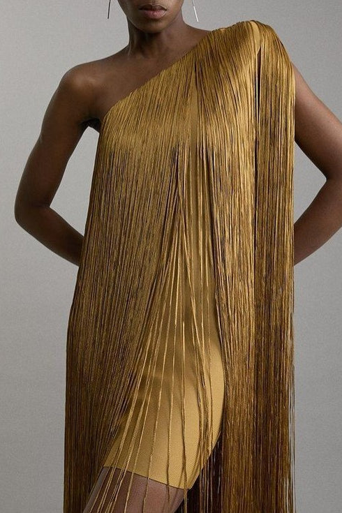 One Shoulder Fringe Overlay Bodycon Mini Cocktail Dress