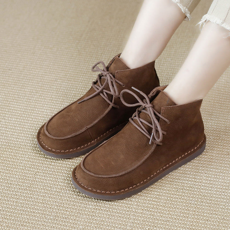 Genuine Leather Soft Flat Boots For Women Round Toe Lace Up Mori Girl Style Wide Fit Grey/Coffee