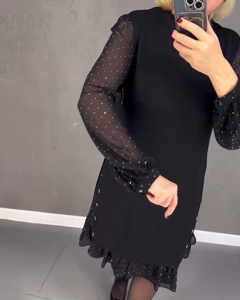 Round Neck Sheer Dot Sleeve Ruffle Hem Shift Midi Dress