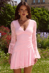 V Neck Bell Sleeve Pleated Mini Lace Dress 6