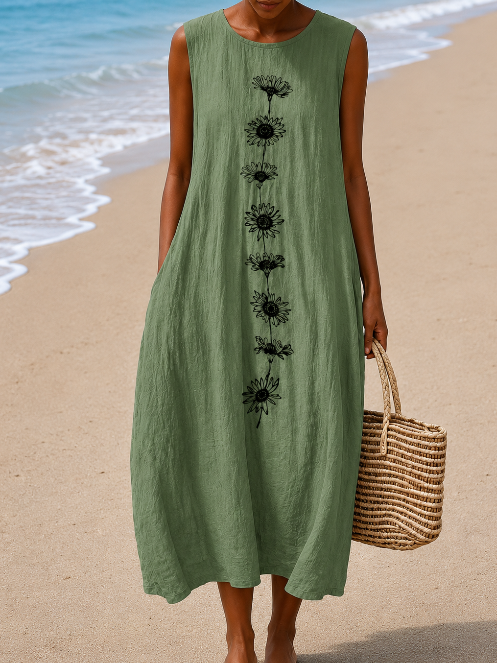 Sunflower Print Sleeveless Round Neck Midi Dress