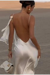 Elegant White Satin Backless Maxi Dress 4