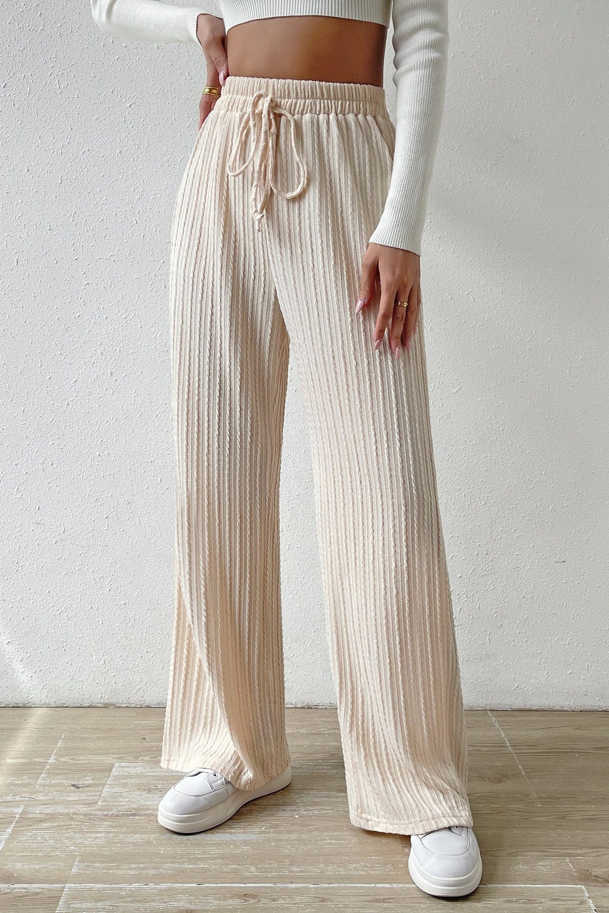 Elastic High Waist Drawstring Cable Textured Knit Wide Leg Pants 4