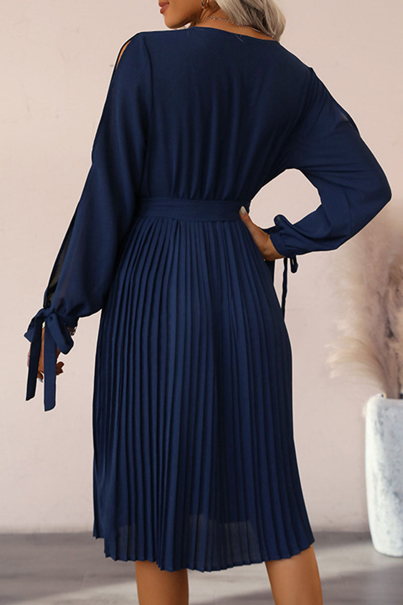 Chiffon Lace Insert V-Neck Cold Shoulder Tie Cuff Long Sleeve Belted Pleated Midi Dress