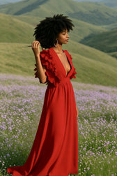 V Neck Ruffled High Waist Dress
