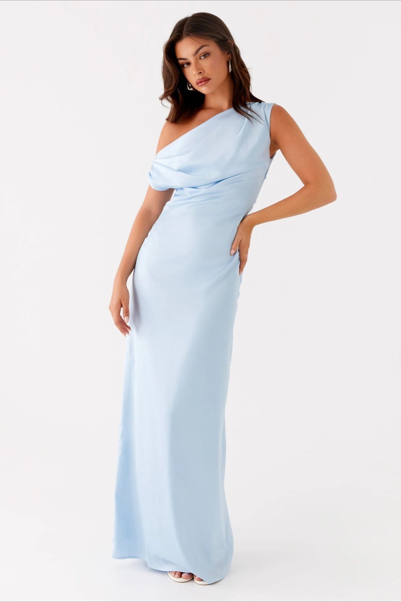 Satin Asymmetric One Shoulder Ruched Maxi Gown