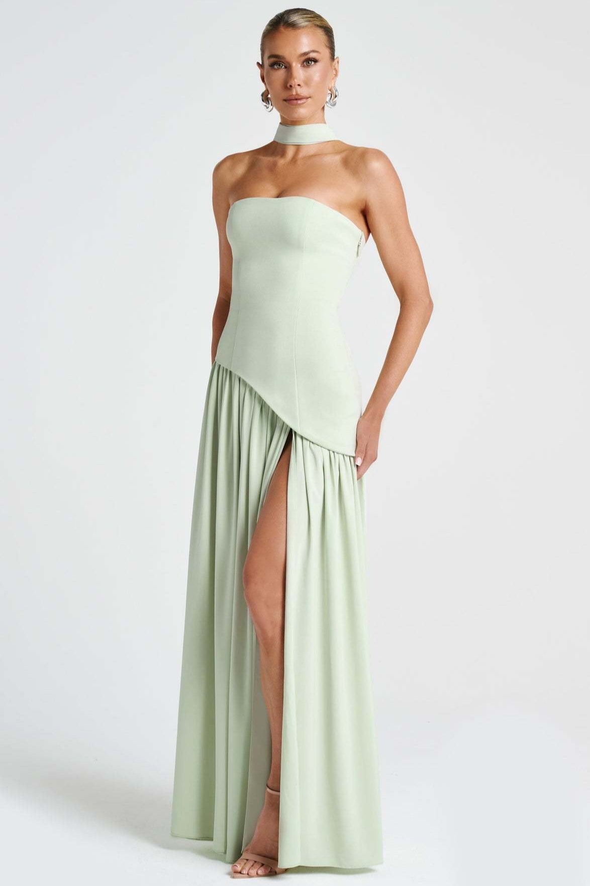 Strapless Scarf Neck High Split Draped Maxi Gown