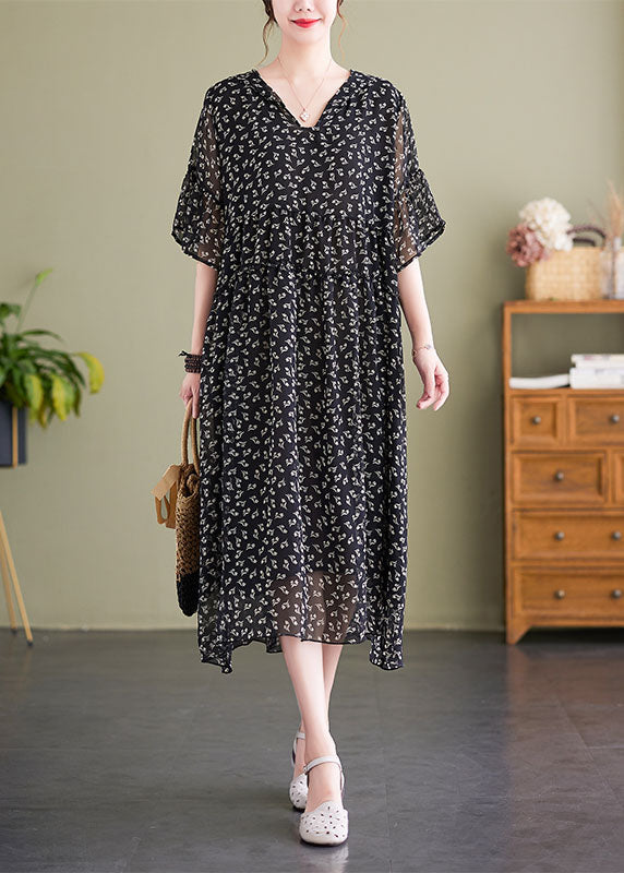Floral Print V-Neck Flared Sleeve Gathered Waist Flowy Midi Dress