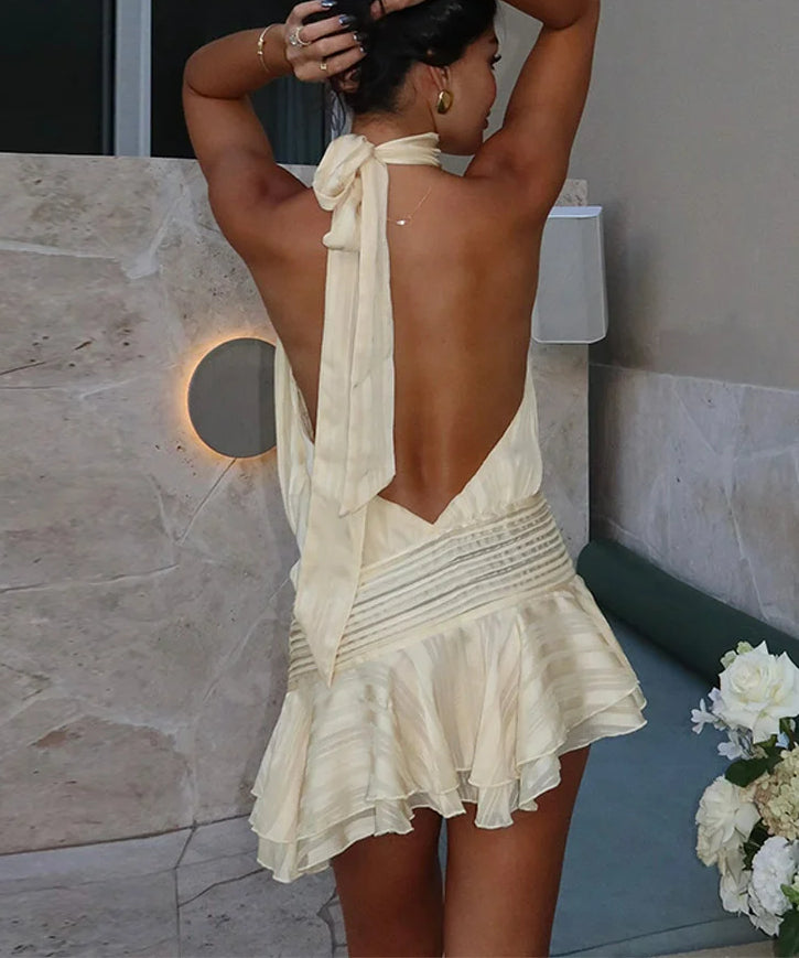 Halter Neck Tie Back Backless Ruffle Hem Striped Mini Dress